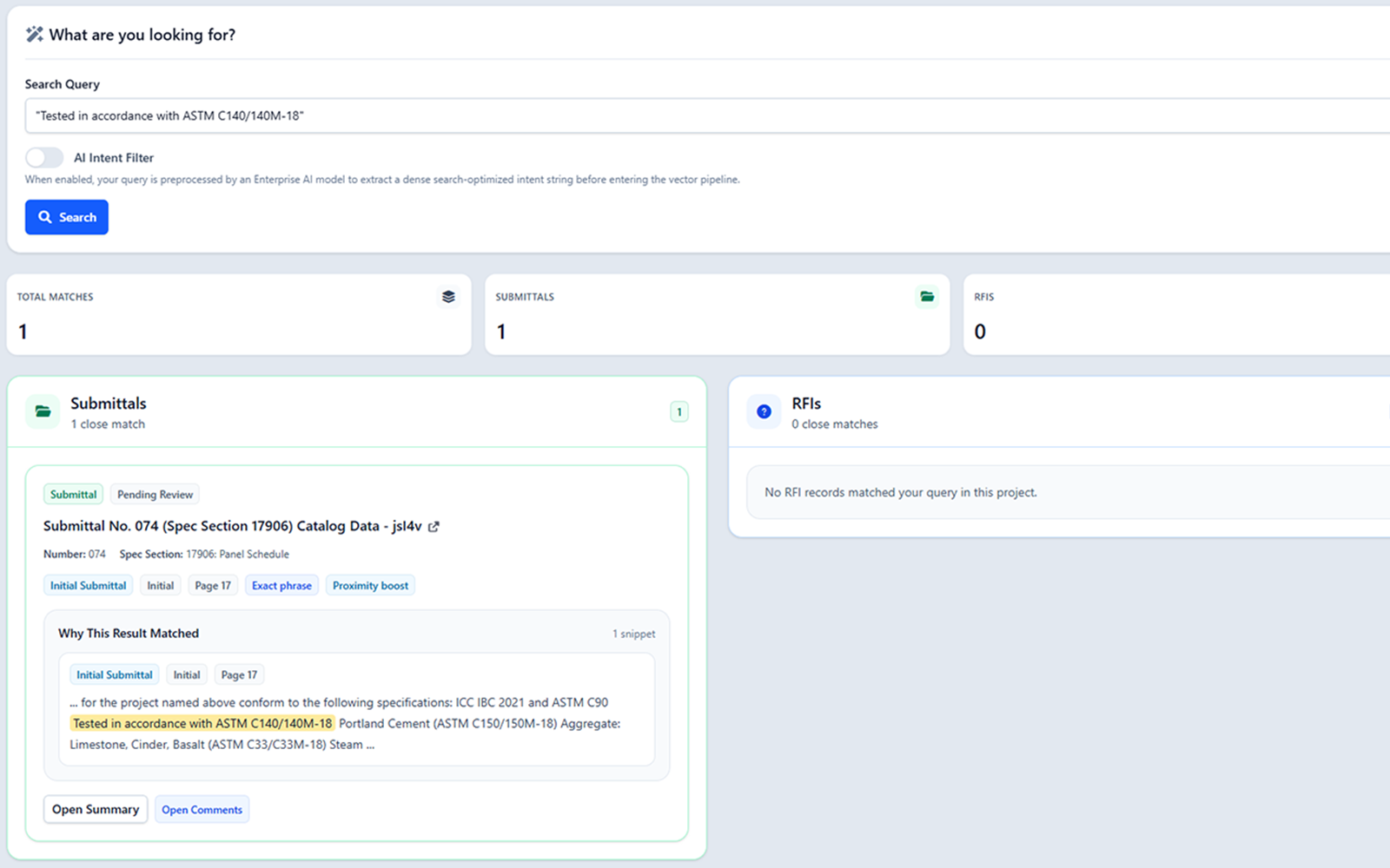 ConstructFlow AI search showing a submittal match on page 17 with the matching passage highlighted