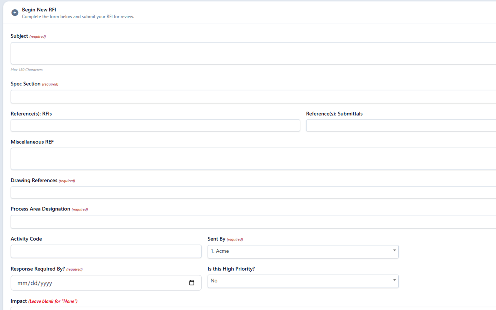 ConstructFlow new RFI form with required subject, spec section, and drawing reference fields