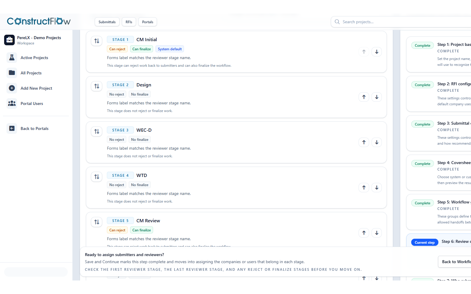 ConstructFlow review flow builder listing five review stages with reject and finalize settings